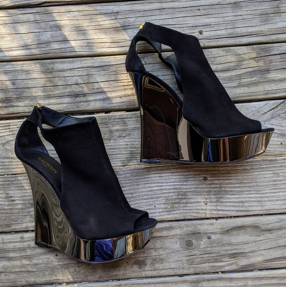 BALMAIN Cutout Leather Suede Open Toe Ankle Wedges - Picture 5 of 10